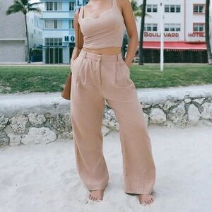 Abercrombie & Fitch Women's Tan linen blend tailored Wide-Leg Pants NEW